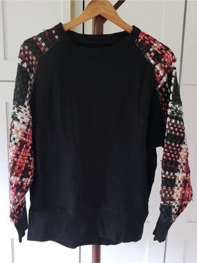 rag & bone Racer X Linton Black Red Plaid Tweed Sleeve Sweatshirt